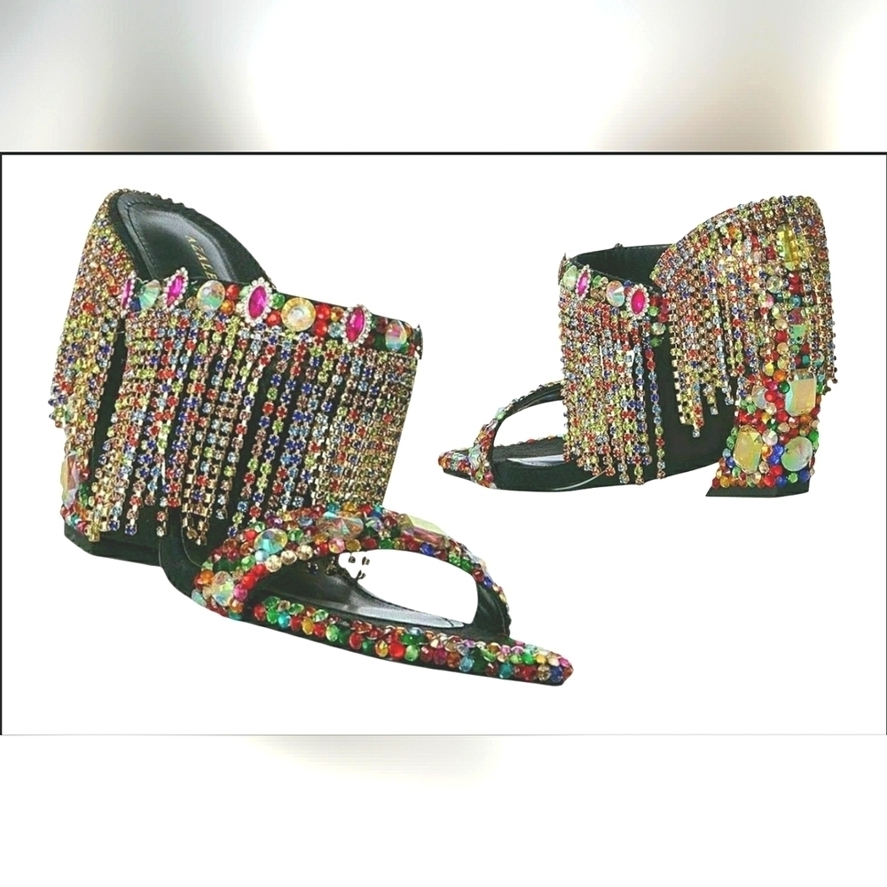 Kentucky Derby 6.5 Rhinestone Boho Sparkling Embellished Indie Fringe Mules - Picture 2 of 7